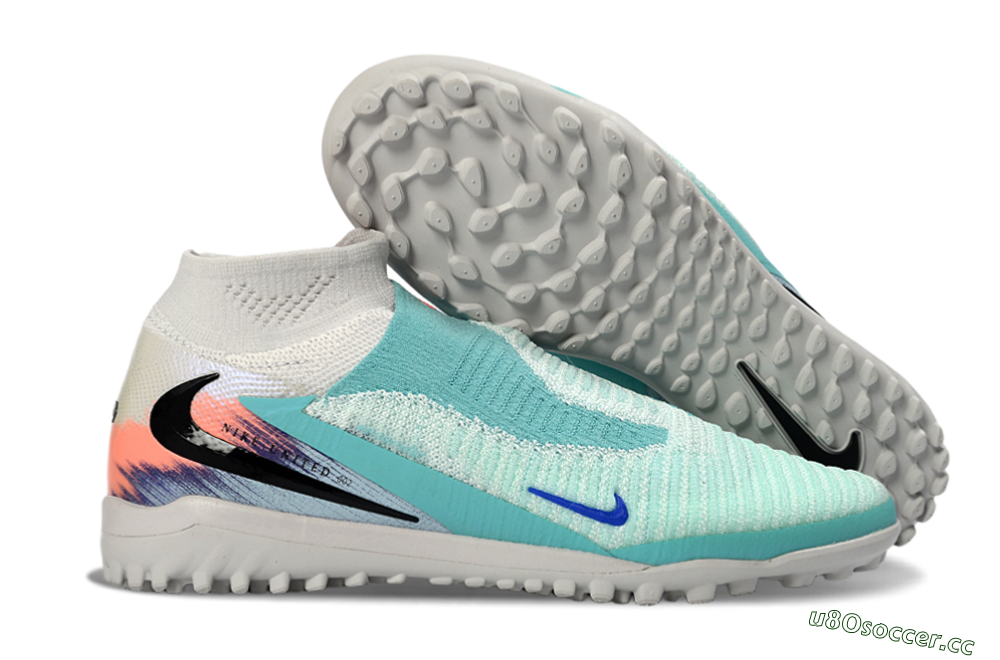 Unisex Nike Phantom 6 Elite High TF Artificial Turf High-Tops Football Shoes - Aqua/Coral Burst/Able Blue 2