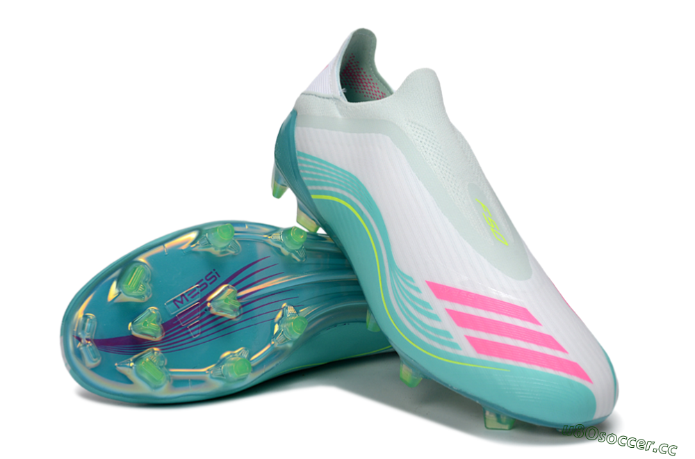 Men's Messi x Adidas F50 Elite Laceless FG Firm Ground Low-Tops Football Boots - Aqua/Neon Green/Fuchsia 3