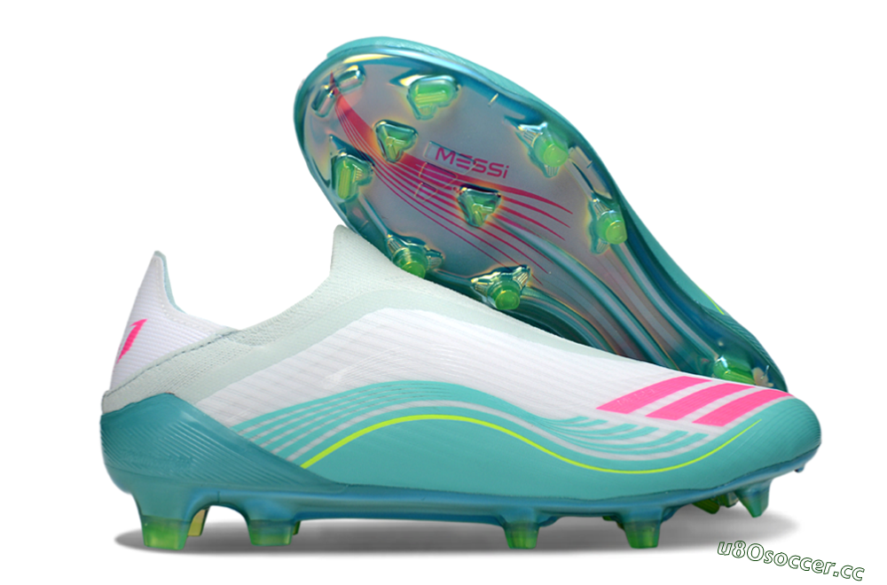 Men's Messi x Adidas F50 Elite Laceless FG Firm Ground Low-Tops Football Boots - Aqua/Neon Green/Fuchsia 2