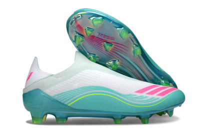 Men's Messi x Adidas F50 Elite Laceless FG Firm Ground Low-Tops Football Boots - Aqua/Neon Green/Fuchsia