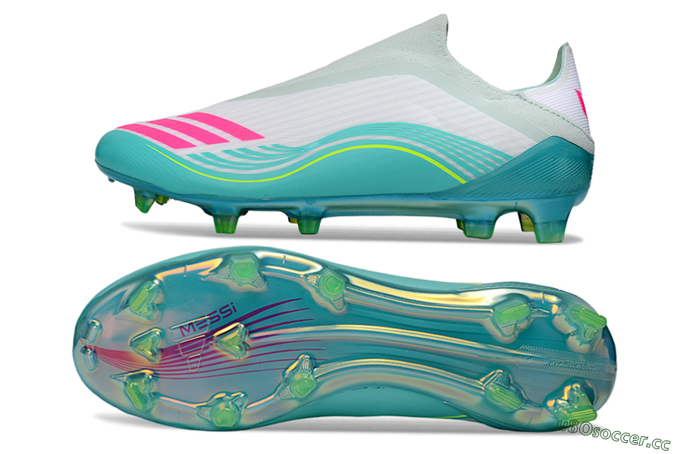 Men's Messi x Adidas F50 Elite Laceless FG Firm Ground Low-Tops Football Boots - Aqua/Neon Green/Fuchsia 1