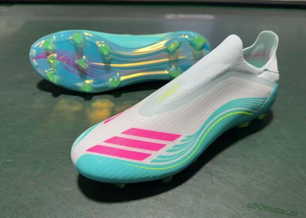 Men's Messi x Adidas F50 Elite Laceless FG Firm Ground Low-Tops Football Boots - Aqua/Neon Green/Fuchsia