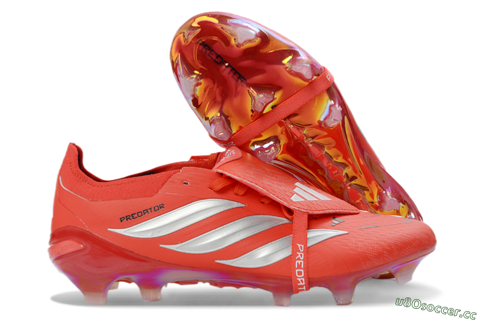 Men's Adidas Predator 26 Elite Fold-Over Tongue FG Firm Ground Low-Tops Football Boots - Red/Fiery Crimson/Metallic Silver 2