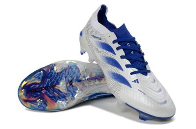 Men's Adidas Predator 26 Elite FG Firm Ground Low-Tops Football Boots - White/Blue Burst/Iridescent Shine
