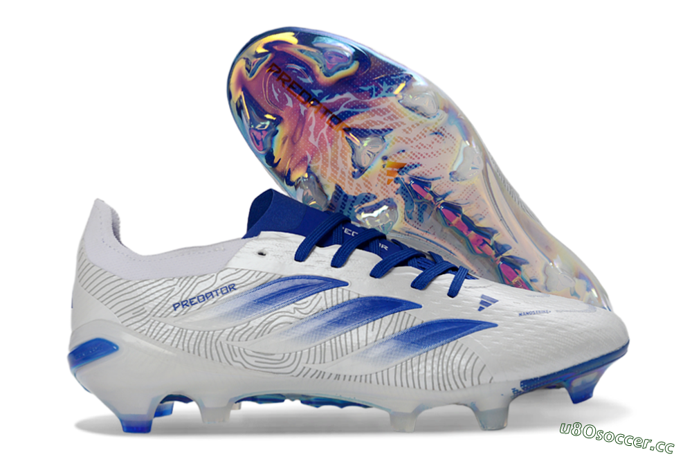Men's Adidas Predator 26 Elite FG Firm Ground Low-Tops Football Boots - White/Blue Burst/Iridescent Shine 2