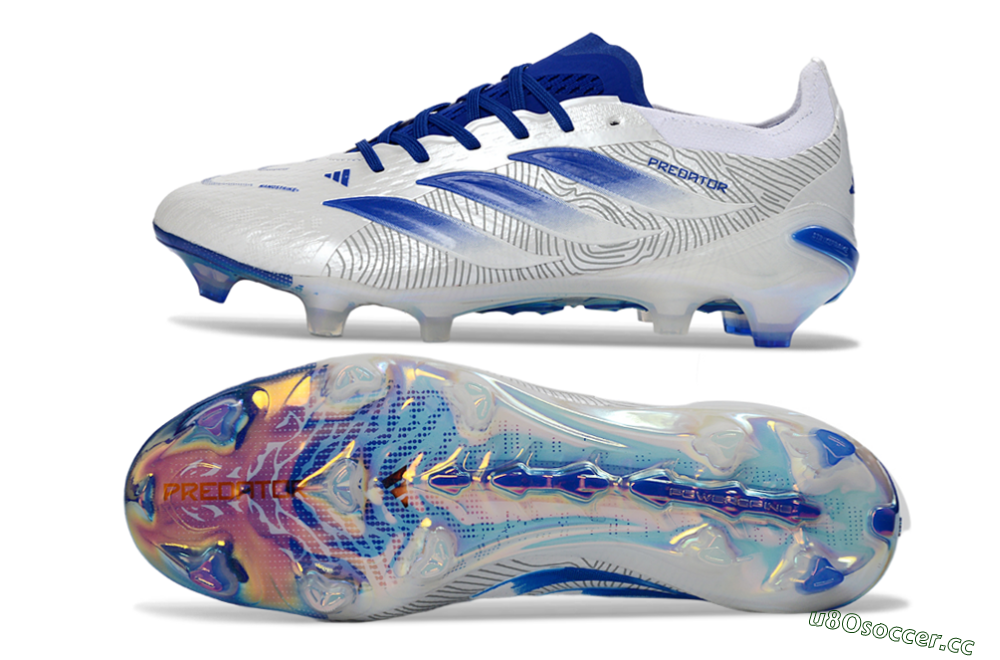 Men's Adidas Predator 26 Elite FG Firm Ground Low-Tops Football Boots - White/Blue Burst/Iridescent Shine 1