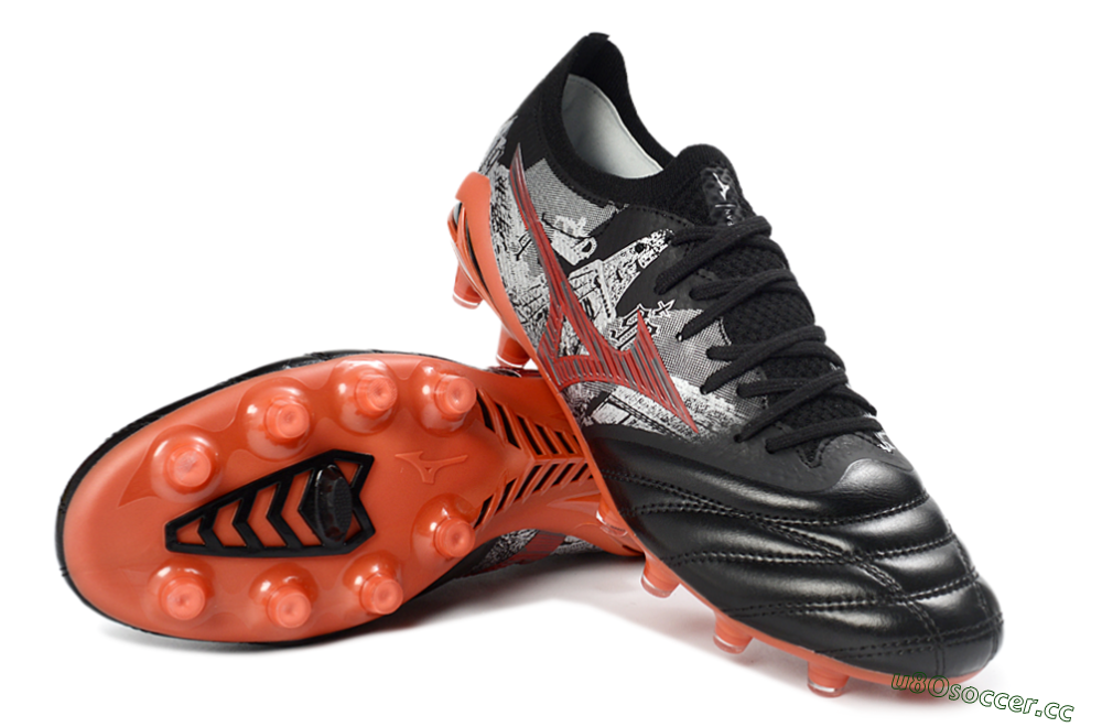 Men's Mizuno Morelia Neo 4 FG Firm Ground Low-Tops Football Boots - Black/Coral Red/Graphite Grey 3