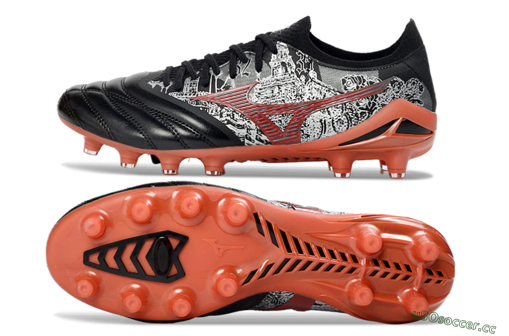 Men's Mizuno Morelia Neo 4 FG Firm Ground Low-Tops Football Boots - Black/Coral Red/Graphite Grey 1