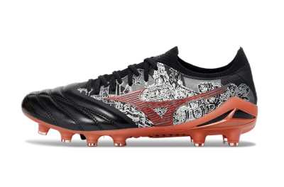 Men's Mizuno Morelia Neo 4 FG Firm Ground Low-Tops Football Boots - Black/Coral Red/Graphite Grey