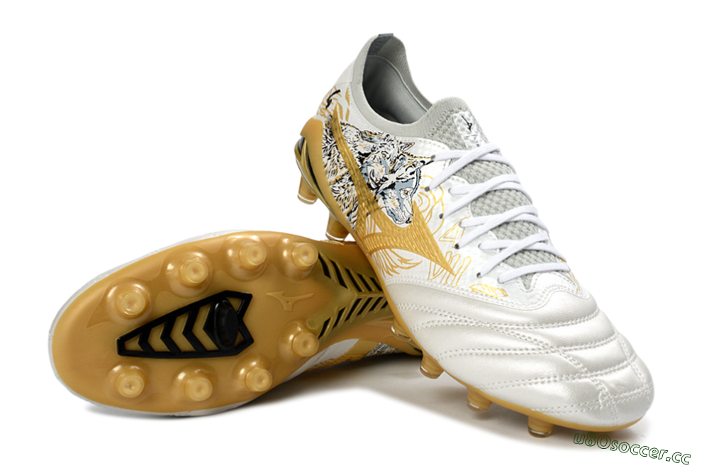 Men's Mizuno Morelia Neo 4 FG Firm Ground Low-Tops Football Boots - White/Golden Glow/Stealth Black 3