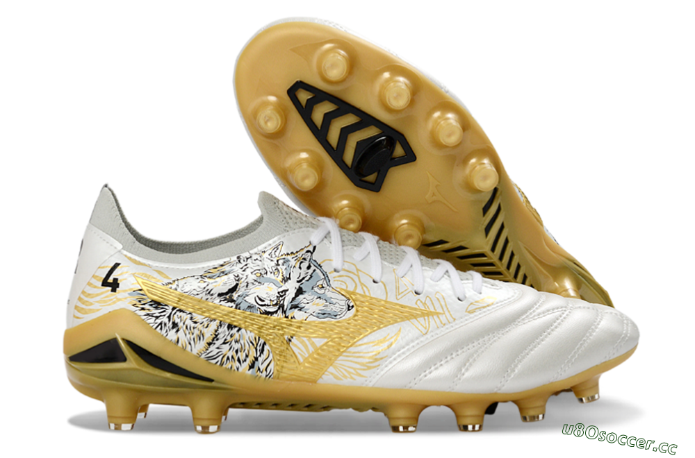 Men's Mizuno Morelia Neo 4 FG Firm Ground Low-Tops Football Boots - White/Golden Glow/Stealth Black 2