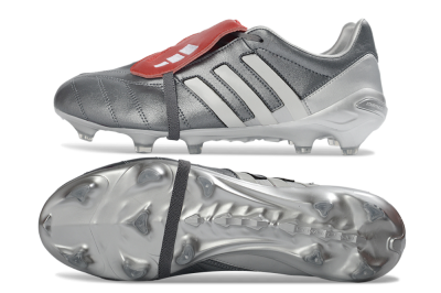 Men's Adidas Predator 26 Elite Fold-Over Tongue FG Firm Ground Low-Tops Football Boots - Gray/Metallic Silver/Crimson Red