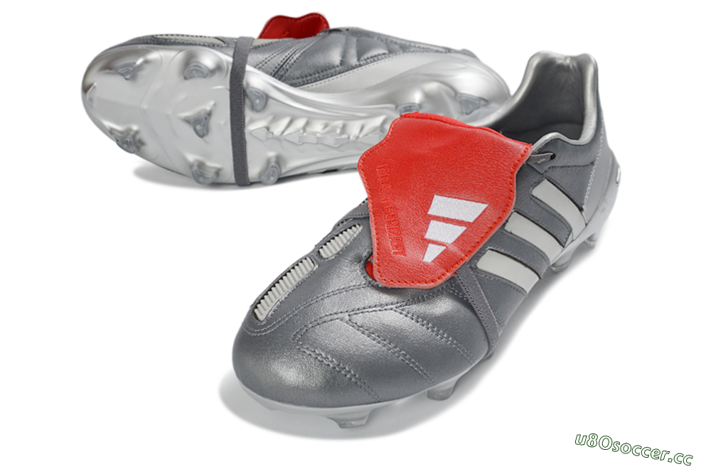 Men's Adidas Predator 26 Elite Fold-Over Tongue FG Firm Ground Low-Tops Football Boots - Gray/Metallic Silver/Crimson Red 3