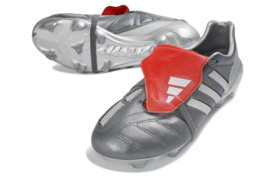 Men's Adidas Predator 26 Elite Fold-Over Tongue FG Firm Ground Low-Tops Football Boots - Gray/Metallic Silver/Crimson Red