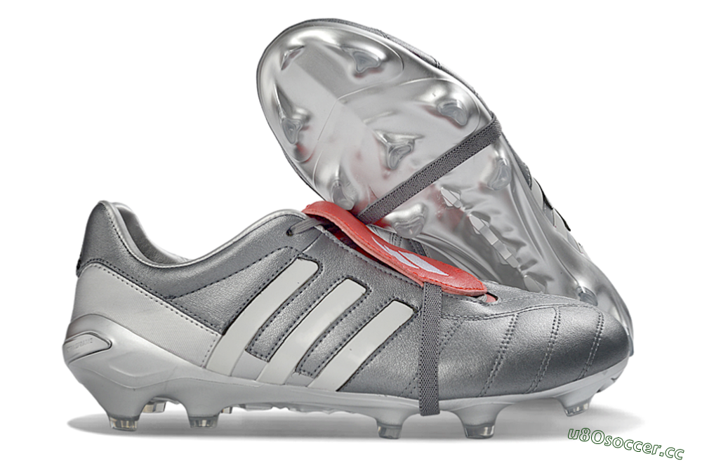 Men's Adidas Predator 26 Elite Fold-Over Tongue FG Firm Ground Low-Tops Football Boots - Gray/Metallic Silver/Crimson Red 2