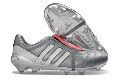 Men's Adidas Predator 26 Elite Fold-Over Tongue FG Firm Ground Low-Tops Football Boots - Gray/Metallic Silver/Crimson Red