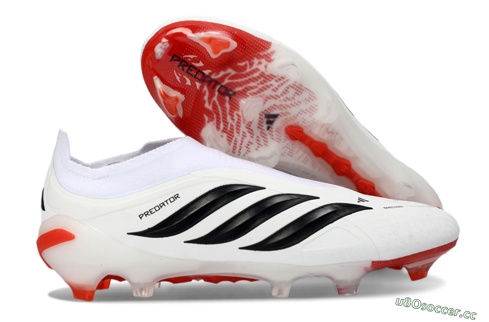 Men's Adidas Predator 26 Elite Laceless FG Firm Ground Low-Tops Football Boots - White/Solar Red/Black 2