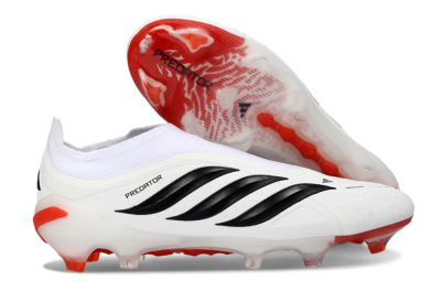 Men's Adidas Predator 26 Elite Laceless FG Firm Ground Low-Tops Football Boots - White/Solar Red/Black