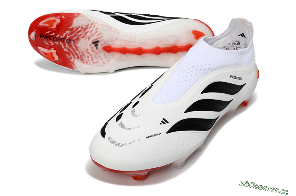 Men's Adidas Predator 26 Elite Laceless FG Firm Ground Low-Tops Football Boots - White/Solar Red/Black 3