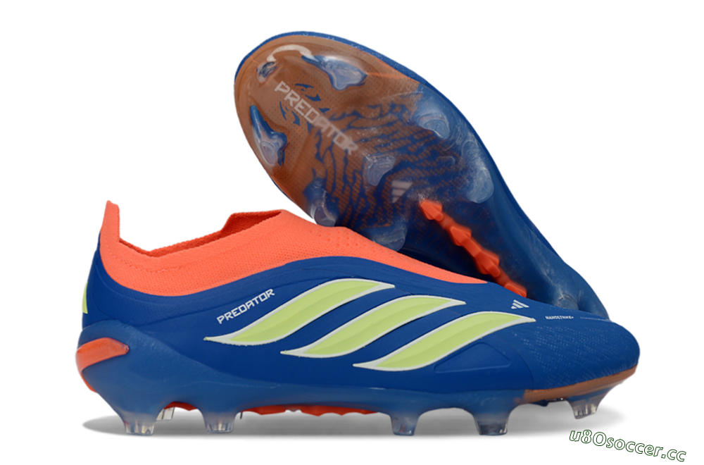 Men's Adidas Predator 26 Elite Laceless FG Firm Ground Low-Tops Football Boots - Blue/Bright Orange/Lime Green 2