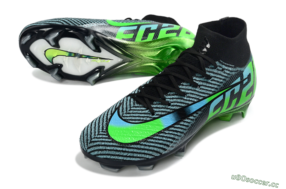 Men's EAFC x Nike Air Zoom Mercurial Superfly 10 Elite FG Firm Ground High-Tops Football Boots - Black/Neon Green/Blue Shade 3