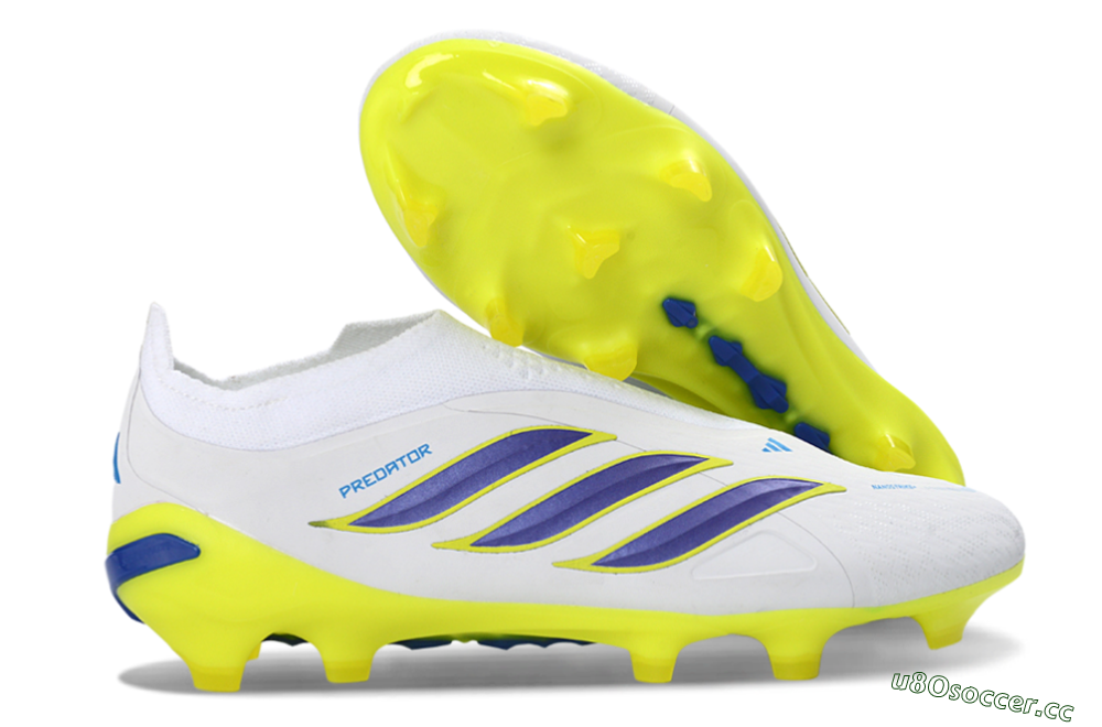 Men's Adidas Predator 26 Elite Laceless FG Firm Ground Low-Tops Football Boots - White/Electric Yellow/Deep Purple 2