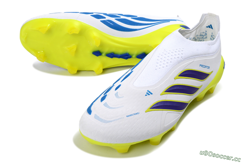 Men's Adidas Predator 26 Elite Laceless FG Firm Ground Low-Tops Football Boots - White/Electric Yellow/Deep Purple 3