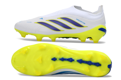 Men's Adidas Predator 26 Elite Laceless FG Firm Ground Low-Tops Football Boots - White/Electric Yellow/Deep Purple