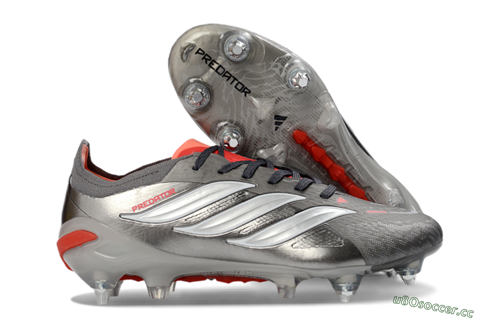 Men's Adidas Predator 26 Elite SG Soft Ground Low-Tops Football Boots - Gray/Vibrant Red/Silver 2