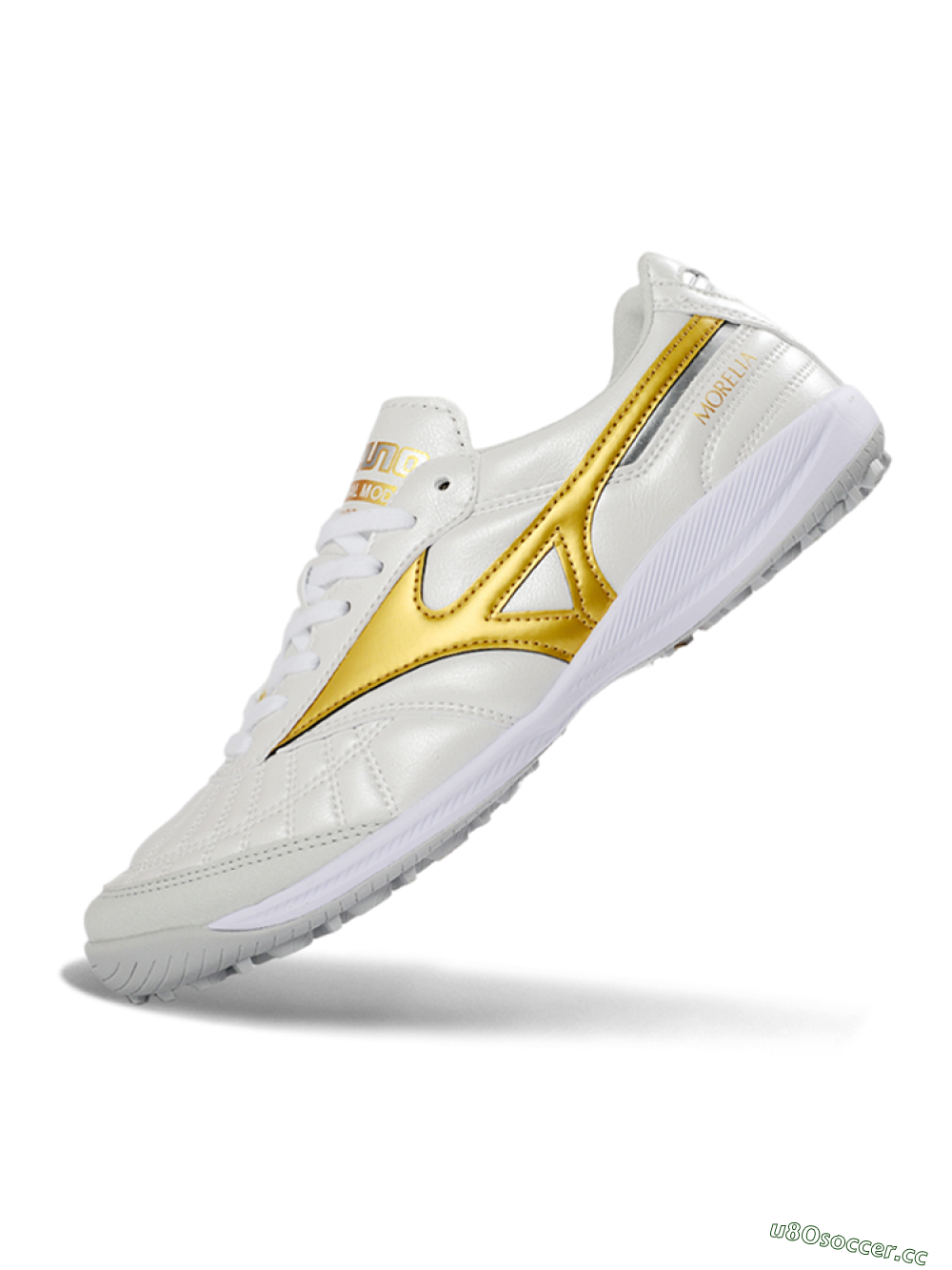 Men's Mizuno Morelia Neo 4 TF Artificial Turf Low-Tops Football Shoes - White/Gold/White 5