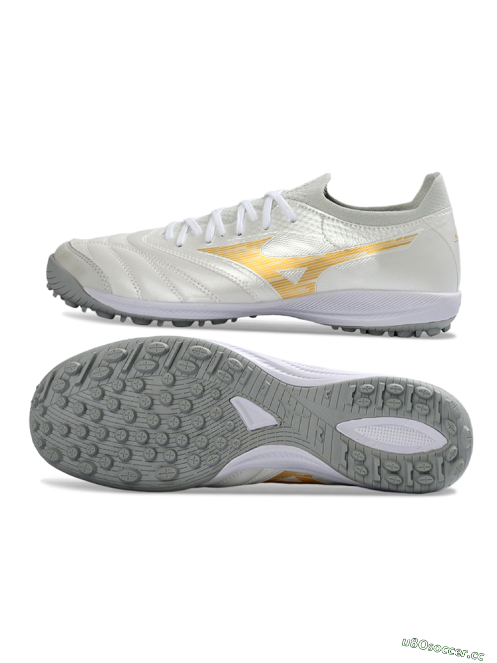 Men's Mizuno Morelia Neo 4 TF Artificial Turf Low-Tops Football Shoes - White/Golden Shine/Gray Mist 1