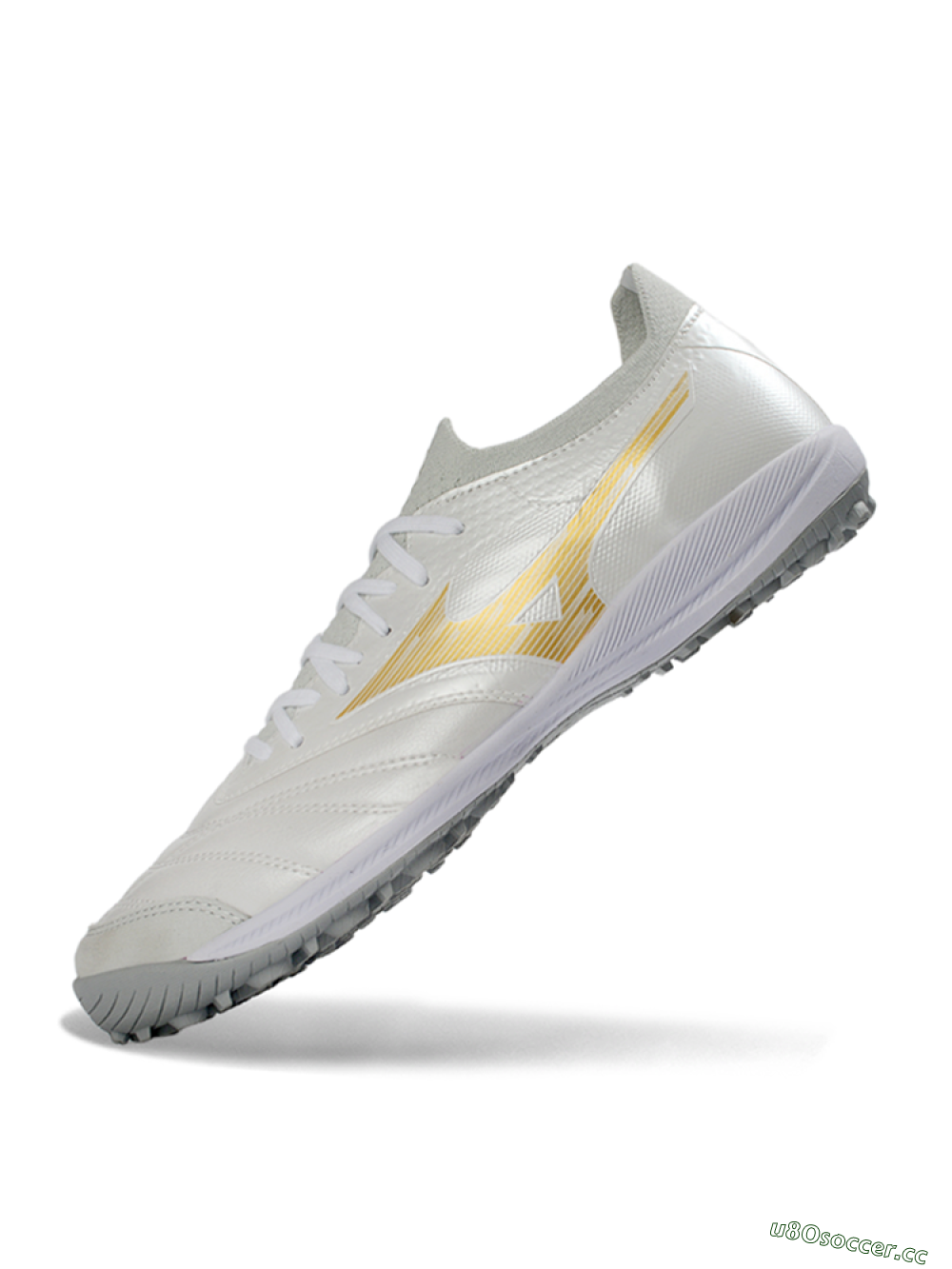 Men's Mizuno Morelia Neo 4 TF Artificial Turf Low-Tops Football Shoes - White/Golden Shine/Gray Mist 5
