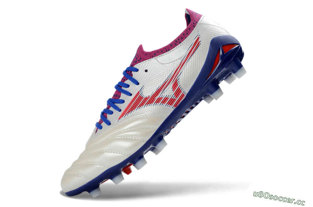 Men's Mizuno Morelia Neo 4 FG Firm Ground Low-Tops Football Boots - White/Cerulean/Crimson 5