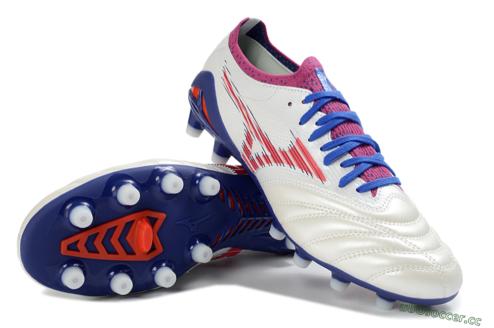Men's Mizuno Morelia Neo 4 FG Firm Ground Low-Tops Football Boots - White/Cerulean/Crimson 3