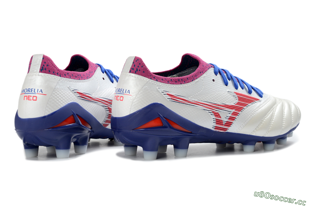 Men's Mizuno Morelia Neo 4 FG Firm Ground Low-Tops Football Boots - White/Cerulean/Crimson 6