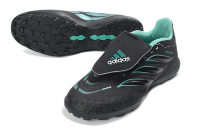 Men's Adidas Predator 26 Elite Fold-Over Tongue TF Artificial Turf Low-Tops Football Shoes - Black/Aqua Blue/Charcoal Grey