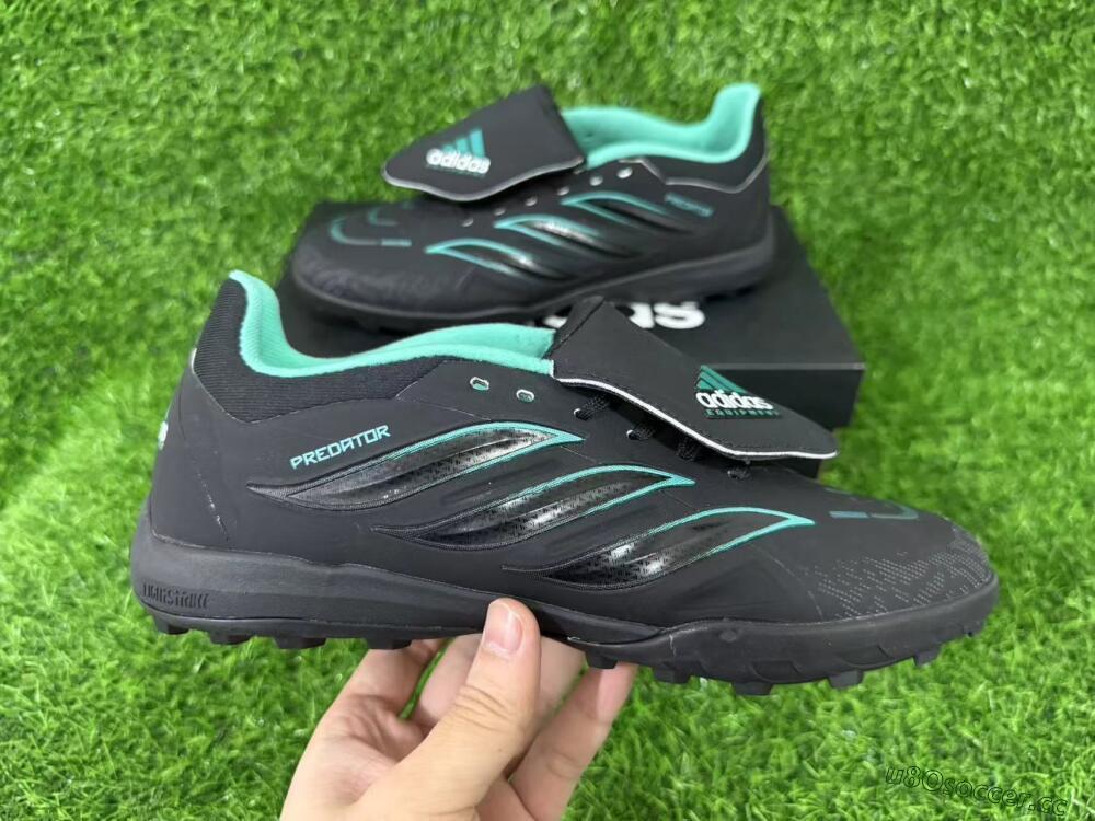 Men's Adidas Predator 26 Elite Fold-Over Tongue TF Artificial Turf Low-Tops Football Shoes - Black/Aqua Blue/Charcoal Grey