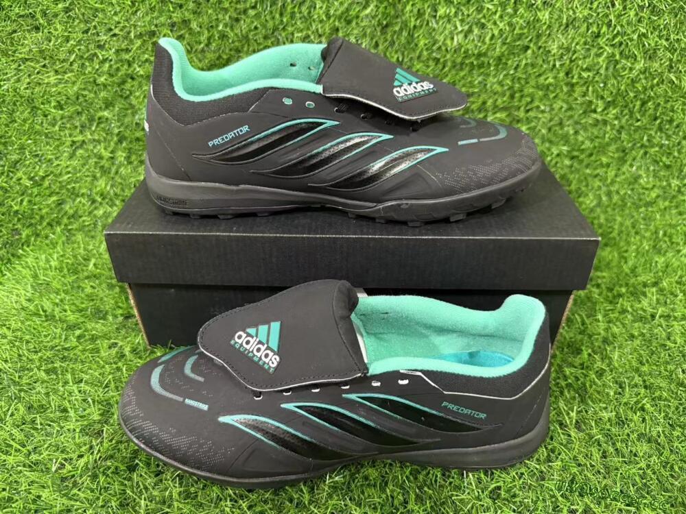 Men's Adidas Predator 26 Elite Fold-Over Tongue TF Artificial Turf Low-Tops Football Shoes - Black/Aqua Blue/Charcoal Grey