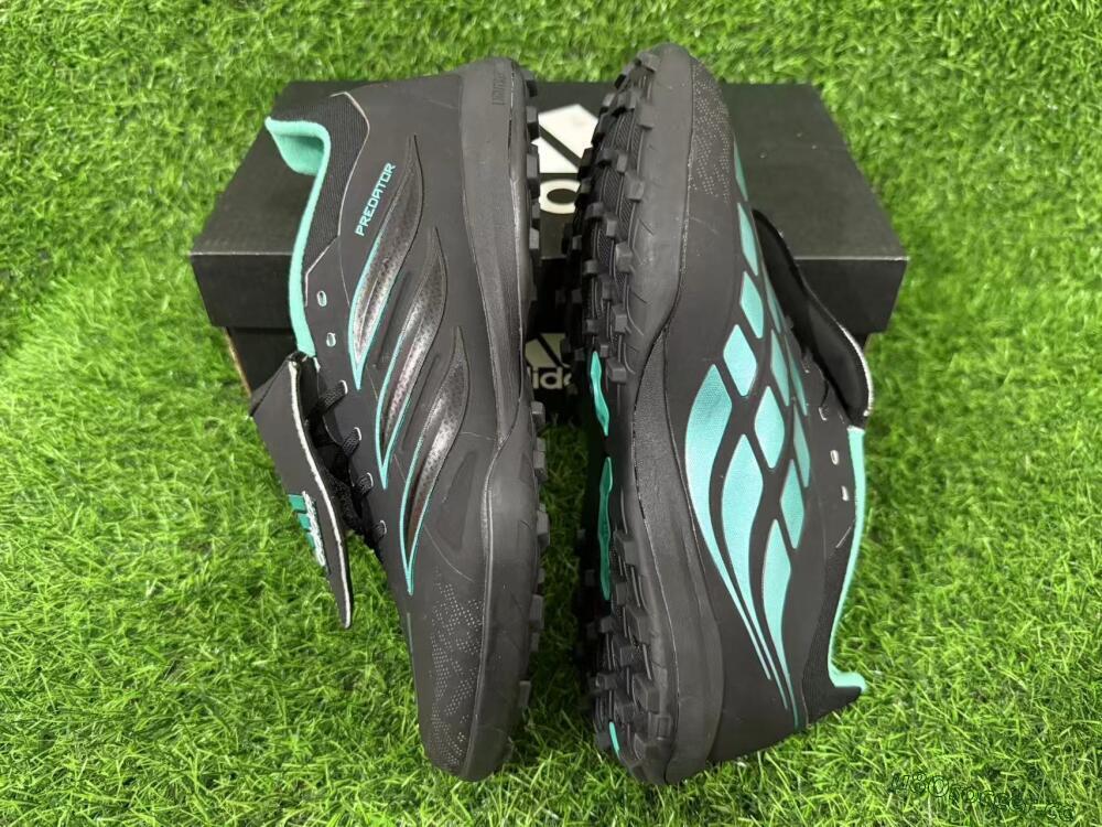 Men's Adidas Predator 26 Elite Fold-Over Tongue TF Artificial Turf Low-Tops Football Shoes - Black/Aqua Blue/Charcoal Grey