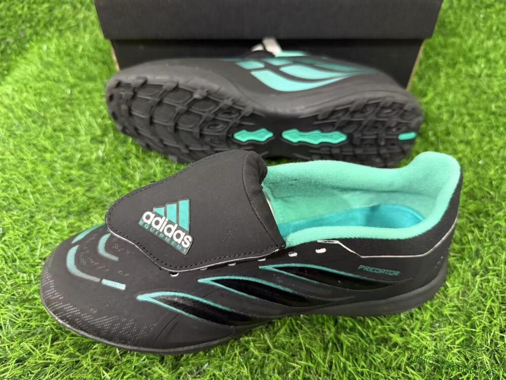 Men's Adidas Predator 26 Elite Fold-Over Tongue TF Artificial Turf Low-Tops Football Shoes - Black/Aqua Blue/Charcoal Grey