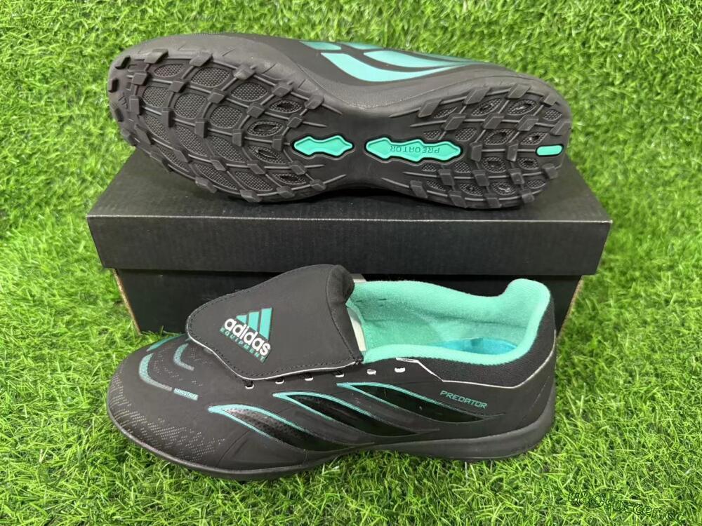 Men's Adidas Predator 26 Elite Fold-Over Tongue TF Artificial Turf Low-Tops Football Shoes - Black/Aqua Blue/Charcoal Grey