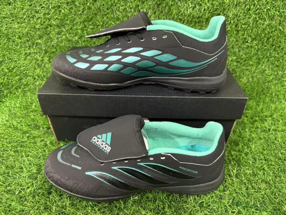 Men's Adidas Predator 26 Elite Fold-Over Tongue TF Artificial Turf Low-Tops Football Shoes - Black/Aqua Blue/Charcoal Grey