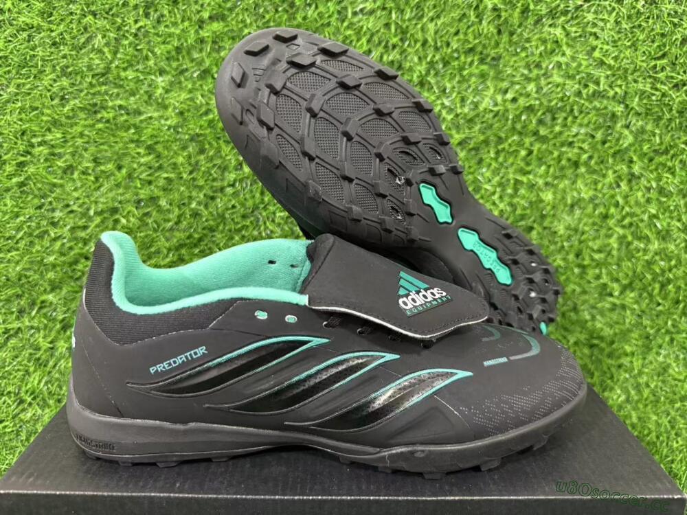 Men's Adidas Predator 26 Elite Fold-Over Tongue TF Artificial Turf Low-Tops Football Shoes - Black/Aqua Blue/Charcoal Grey