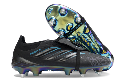 Men's Adidas Predator 26 Elite Fold-Over Tongue SG Soft Ground Low-Tops Football Boots - Black/Iridescent Blue/Metallic Green
