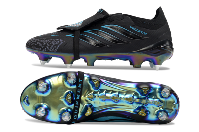 Men's Adidas Predator 26 Elite Fold-Over Tongue SG Soft Ground Low-Tops Football Boots - Black/Iridescent Blue/Metallic Green