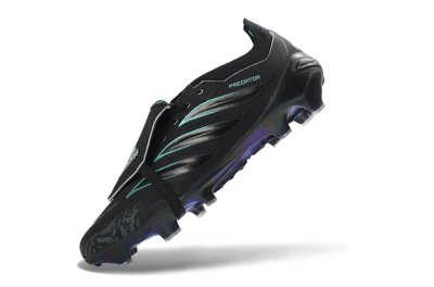 Men's Adidas Predator 26 Elite Fold-Over Tongue FG Firm Ground Low-Tops Football Boots - Black/Electric Blue/Metallic Teal