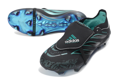 Men's Adidas Predator 26 Elite Fold-Over Tongue FG Firm Ground Low-Tops Football Boots - Black/Electric Blue/Metallic Teal