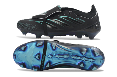 Men's Adidas Predator 26 Elite Fold-Over Tongue FG Firm Ground Low-Tops Football Boots - Black/Electric Blue/Metallic Teal