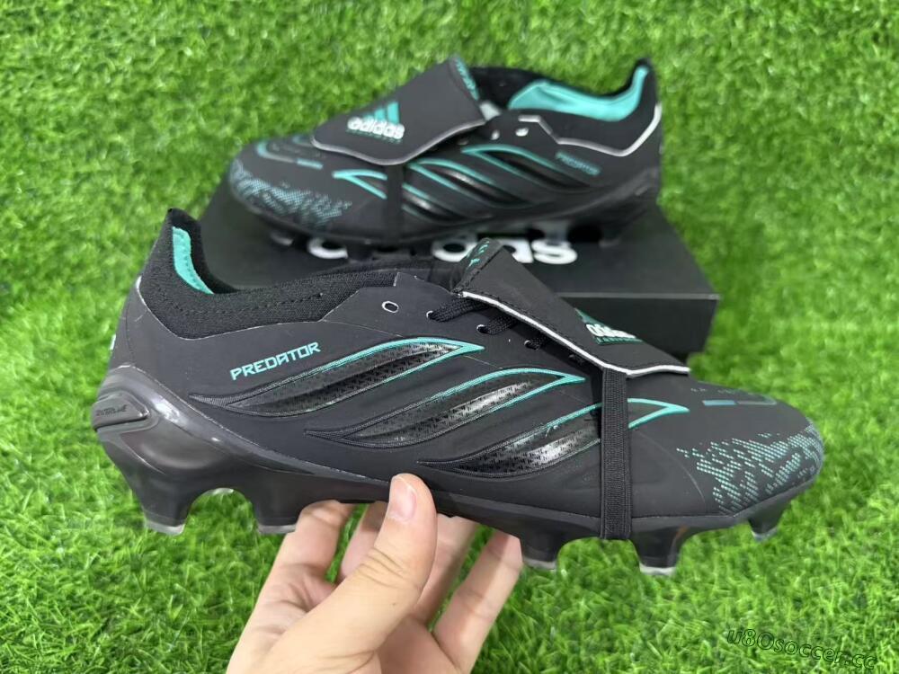 Men's Adidas Predator 26 Elite Fold-Over Tongue FG Firm Ground Low-Tops Football Boots - Black/Electric Blue/Metallic Teal