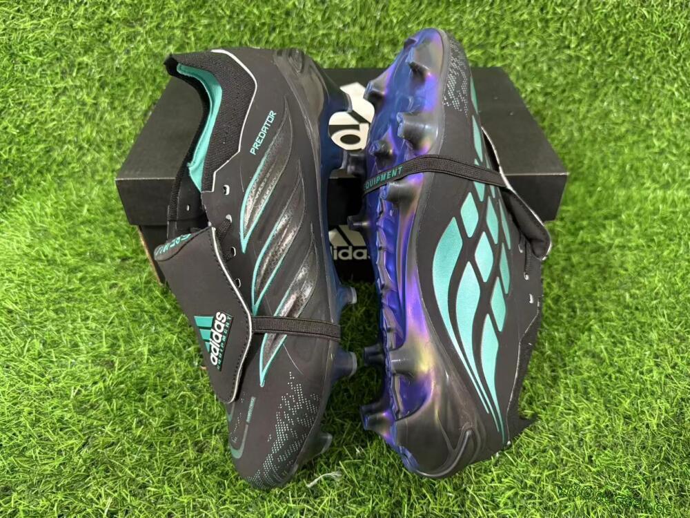 Men's Adidas Predator 26 Elite Fold-Over Tongue FG Firm Ground Low-Tops Football Boots - Black/Electric Blue/Metallic Teal